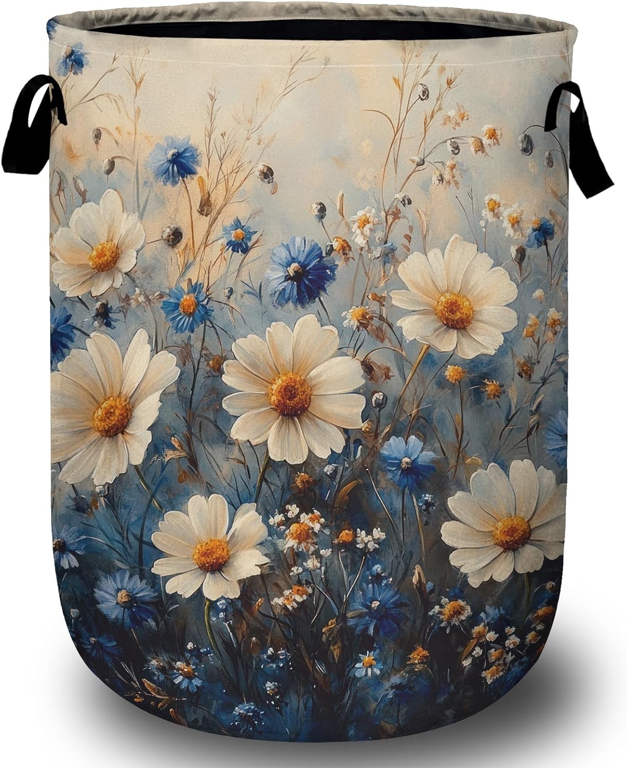 Vintage White Blue Daisy Laundry Basket with Sturdy Handles, Watercolor Flower Collapsible Oxford Cloth Laundry Hamper Organizer Basket for Bathroom Bedroom 15.7x20 Inch