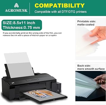 DTF Transfer Film 8.3 x 11.75 Direct to PET Film Transfer Paper | Direct Film for Heat Transfer Paper for All DTF & DTG Printers, Matte Sublimation Black White Light Dark Fabric T-shirt