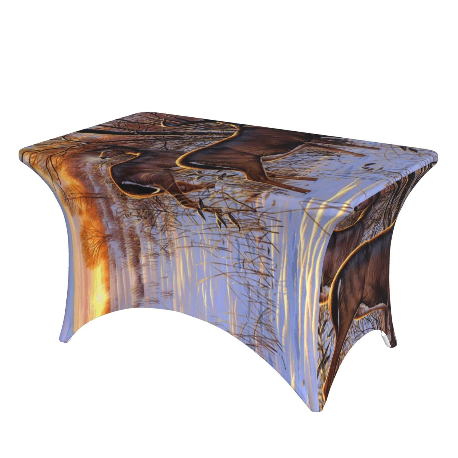 Dcehgew Deers Picture 4Ft Spandex Rectangular Table Cloth, Printed Fitted Elastic Tablecloths Washable Table Cover For Event, Wedding, Banquet & Party