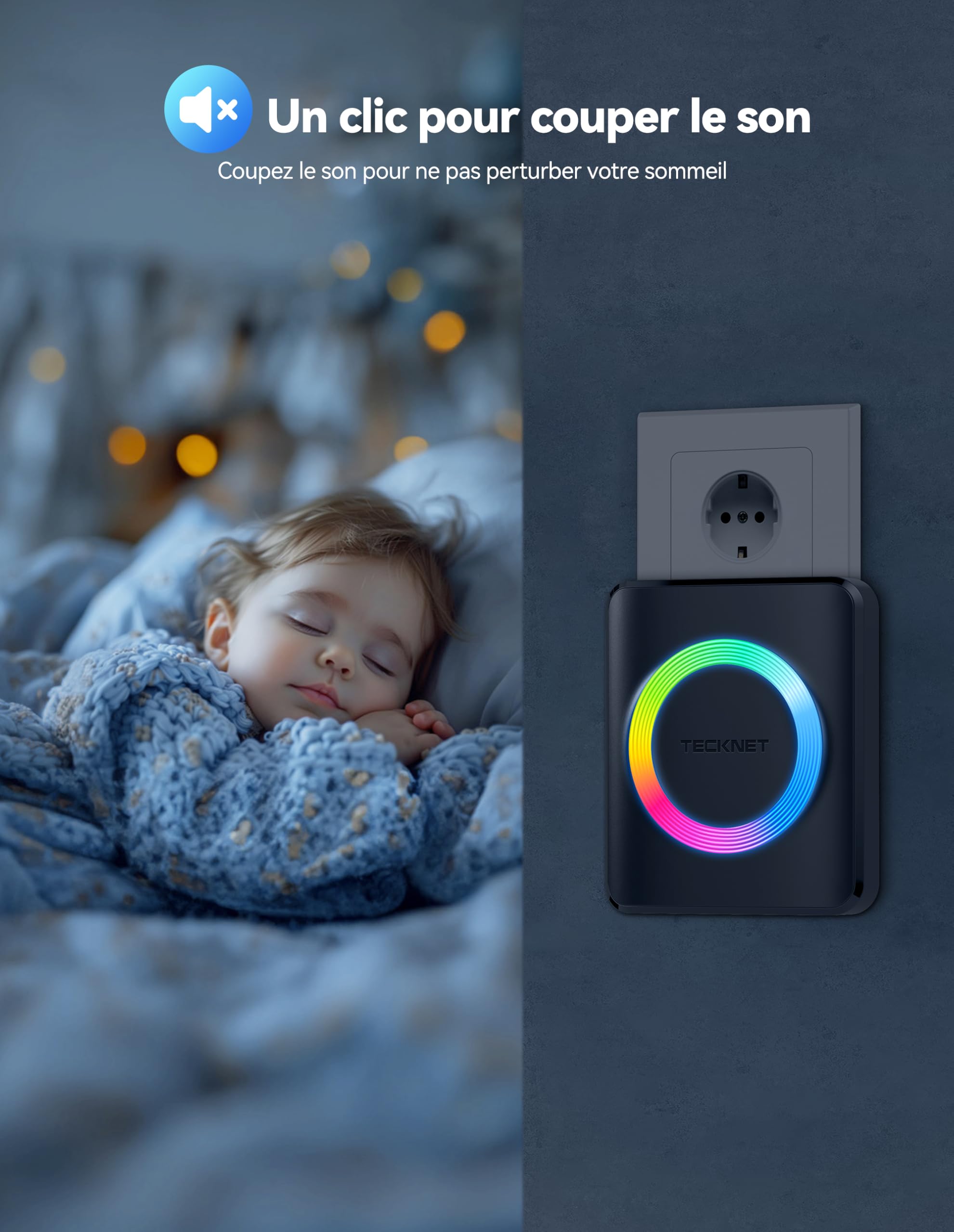 TECKNET Sonnette sans Fil Exterieur Etanche sans Pile, IP65 Étanche Sonnette sans Fil, 3 Récepteur avec Lumière RVB, 60 Mélodies et 5 Niveaux, Carillon sans Fil pour Maison, Hôtel, Urgence, Noir