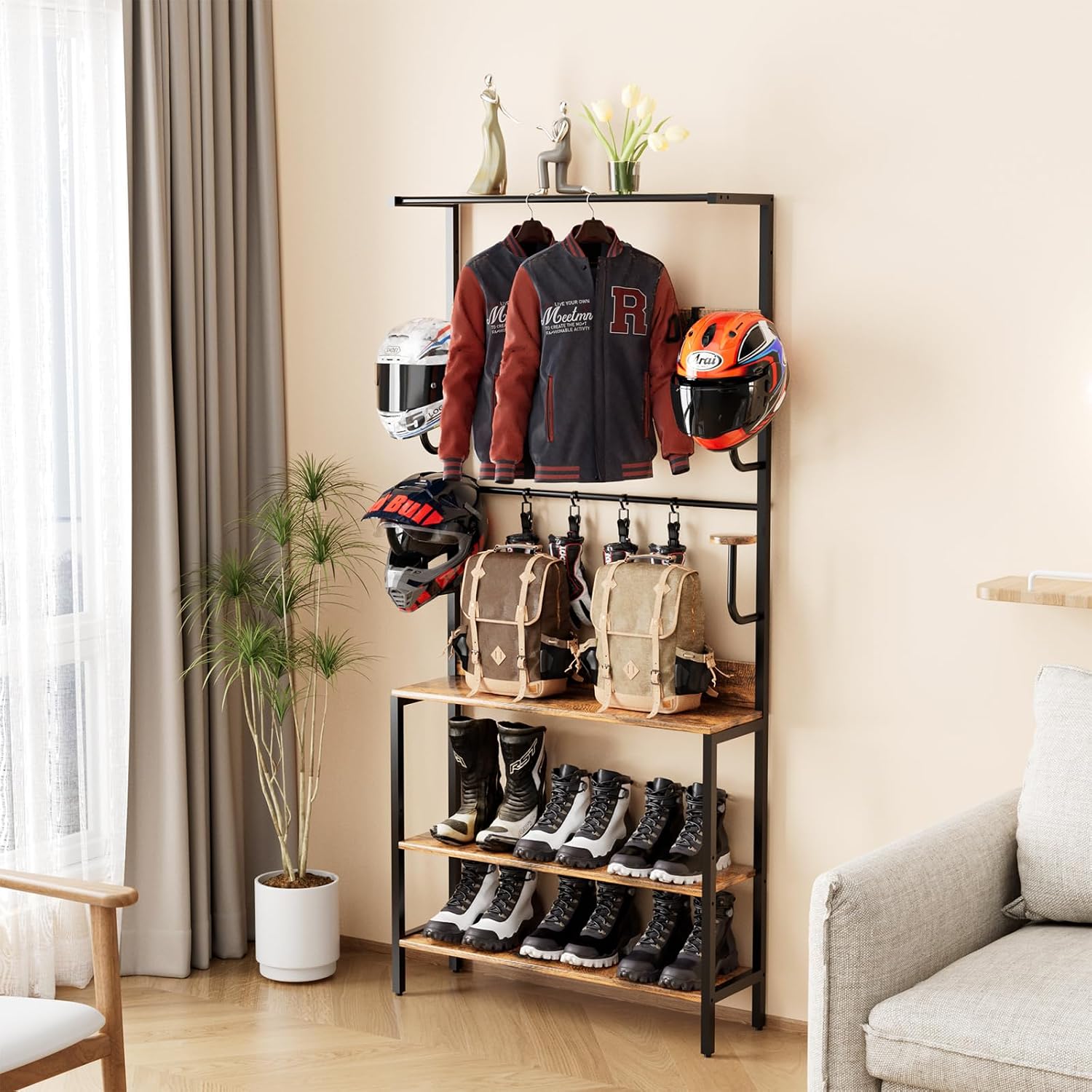 Motorcycle Helmet Holder Floor Mounted Stand, Wall Mount with Helmet Rack, 4 Glove Chips and 4 Hooks, Rustic Helmets Holder and Motorcycle Helmets Rack for Most of Helmet