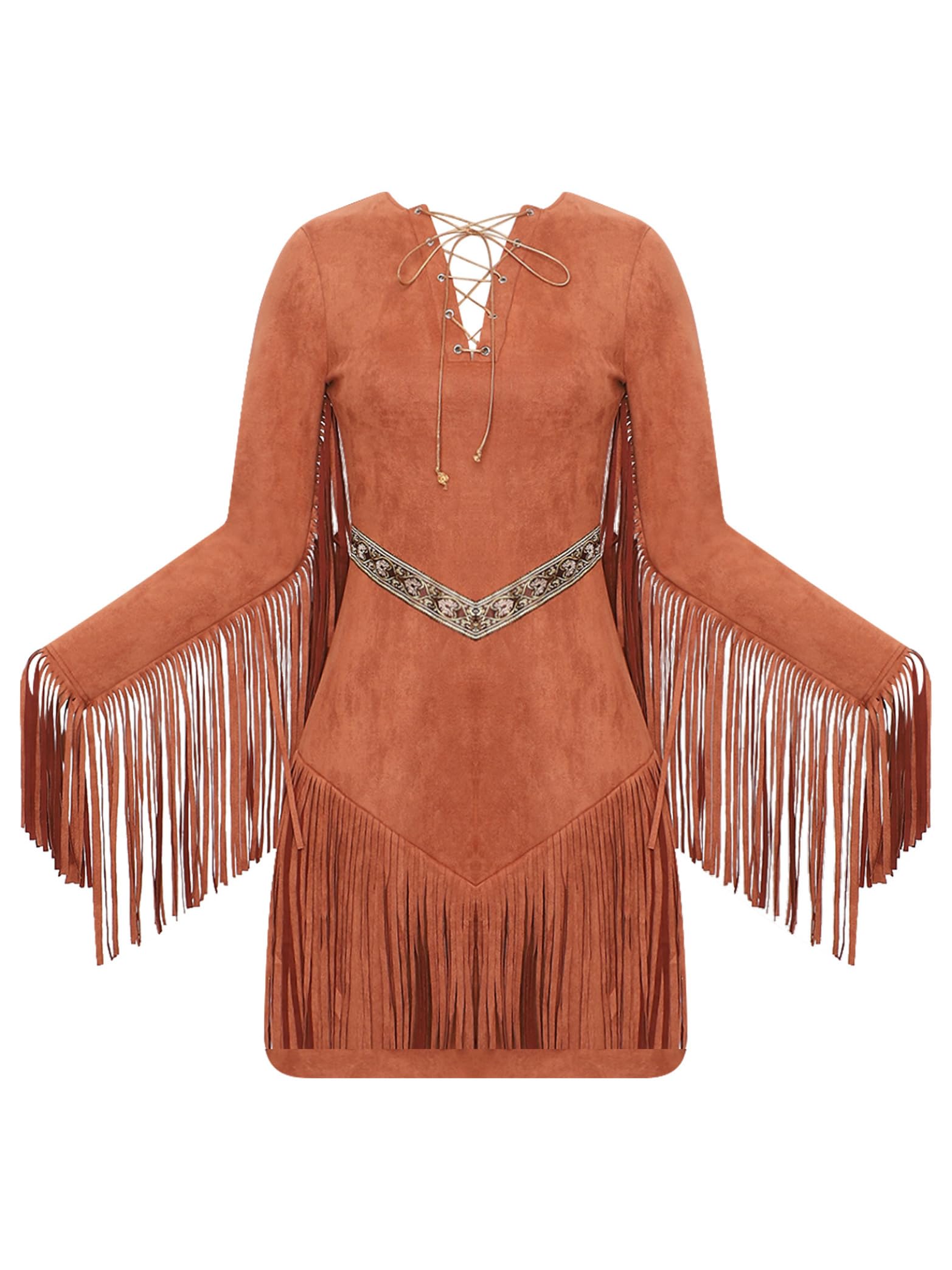 Indianer Kostüm Damen Kleid Langarm Häuptlingstochter Wilder Westen Outfit Kleid Kreuz Schnürung Fransenkleid Bodycon Quasten Minikleid Retro Vintage