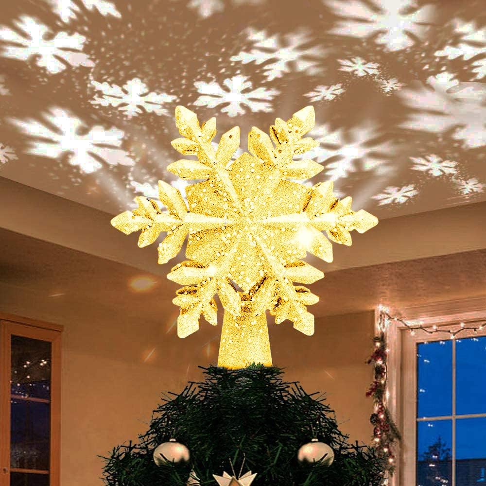 Yostyle Christmas Tree Topper Lighted, Gold Snowflake Tree Decoration with LED Snowflake Projector, 3D Glitter Lighted Gold Snow Tree Topper for Christmas Tree Decorations