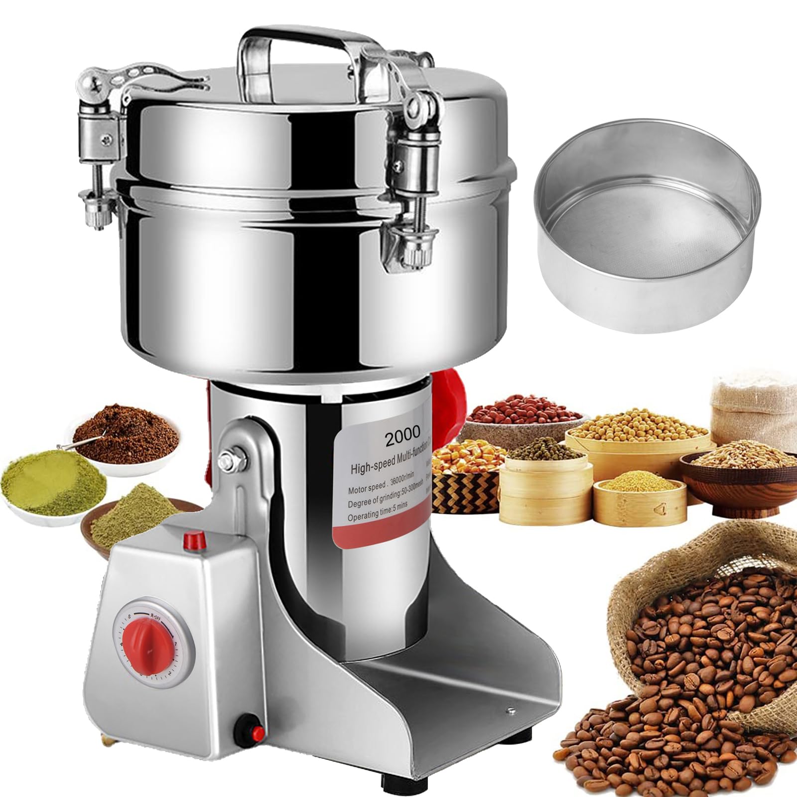 Moulin Céréales Grains Électrique 2000 g, Grinder en Acier Inoxydable et Moteur 4000 W, Broyeur à Lames Robot Culinaire à Grande Vitesse pour Moudre Céréales Épices Herbes Noix Café