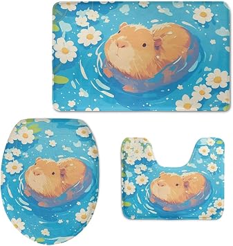 Bathroom Mats Sets 3 Piece with Toilet Cover Floor Rug Carpets Toilet Lid Protective Covers Floor Mat Bathroom Decorations Soft Toilet Cover Set of 3 Blue Butterfly Print