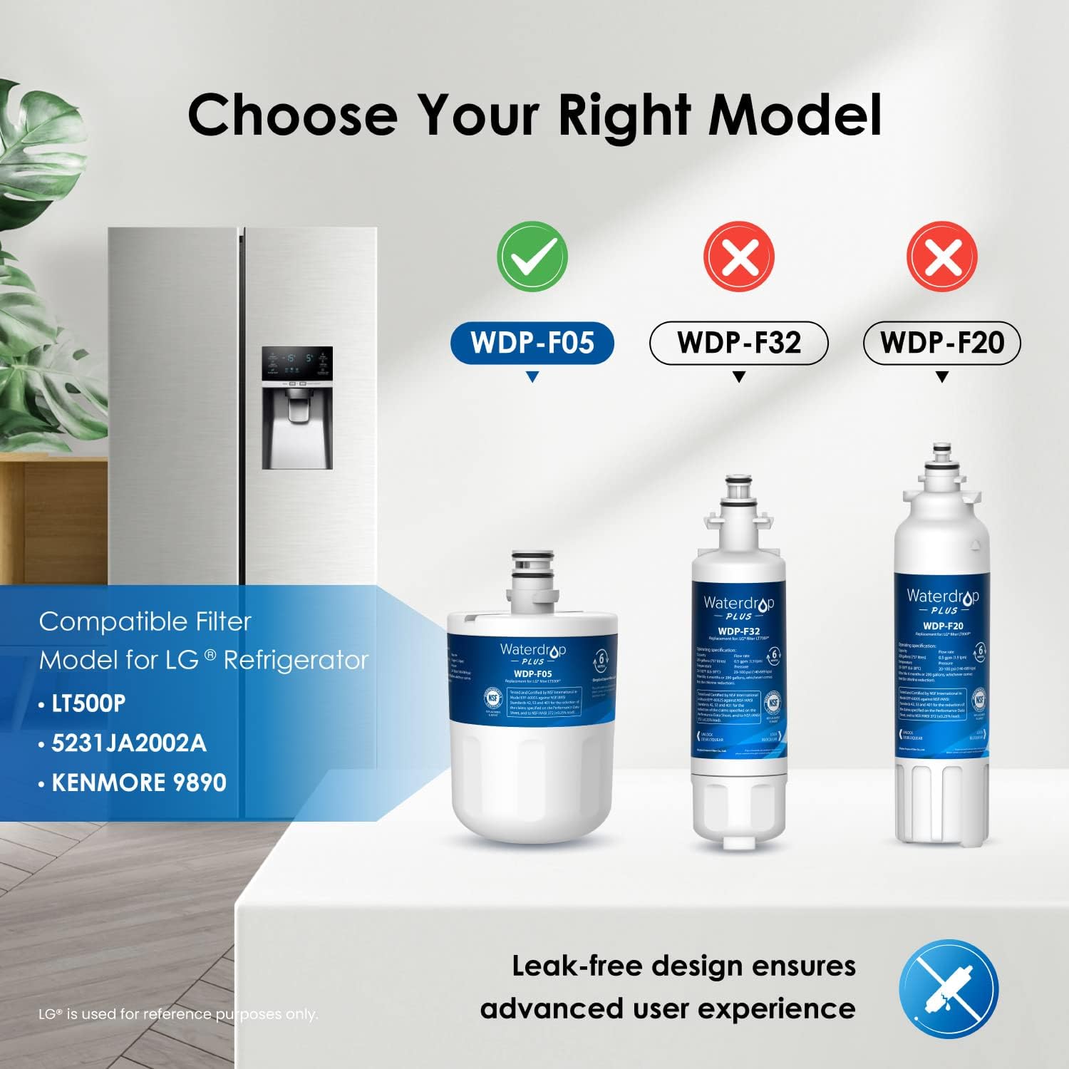 Waterdrop Plus 5231JA2002A Refrigerator Water Filter Certified by NSF 401&53&42, Replacement for LG® LT500P®, ADQ72910911, ADQ72910901, Kenmore 9890, GEN11042FR-08