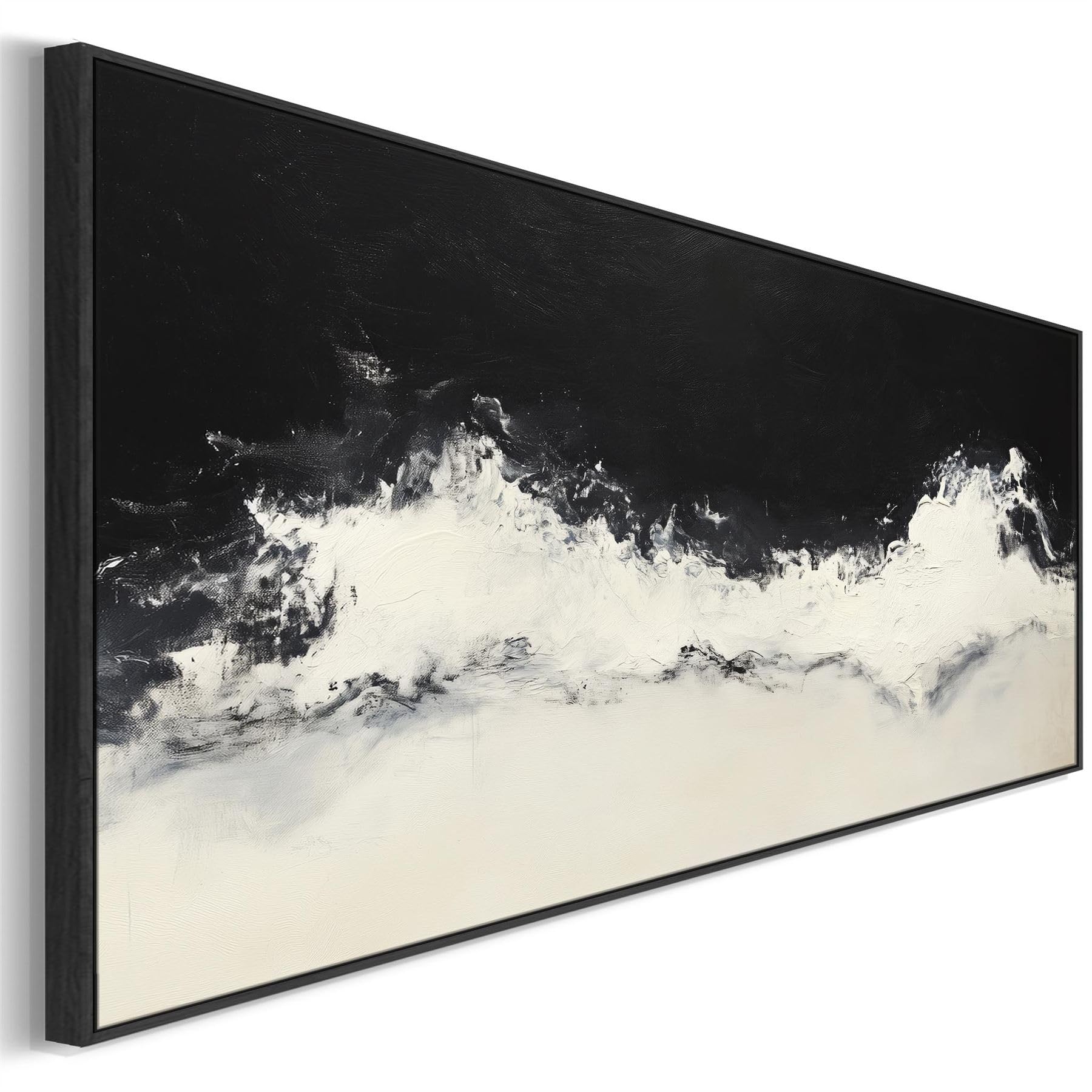 Wallfillers Neutral Beige Black Framed Horizontal Artwork Canvas Cream Wave Panoramic (143 x 52cm)