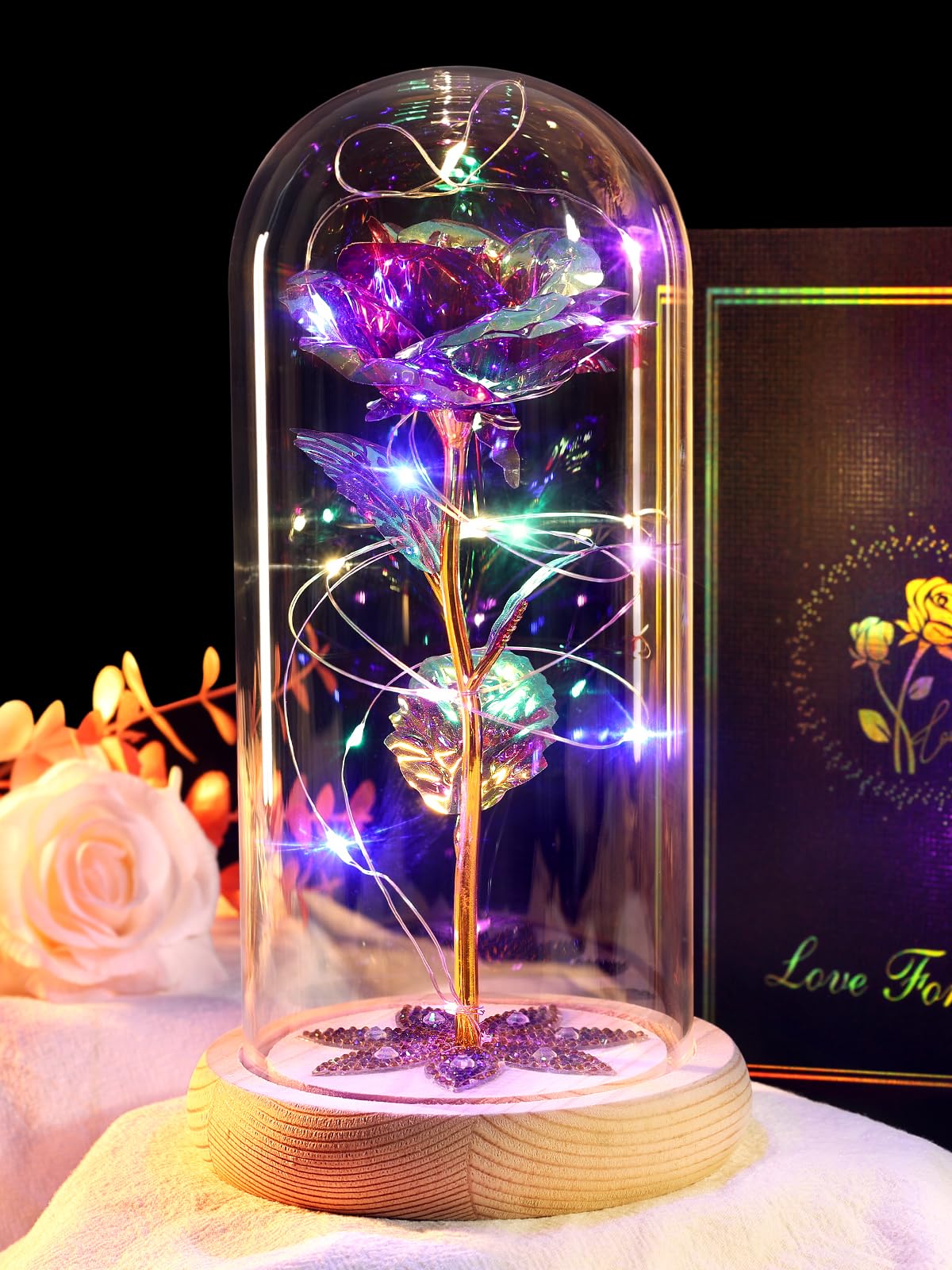 BeferrGalaxy Glass Rose Birthday Gifts for Women, for Mom Grandma Wife Daughter Girlfriend Her Forever Preserved Artificial Flowers for Delivery Prime Rose in Dome, Purple