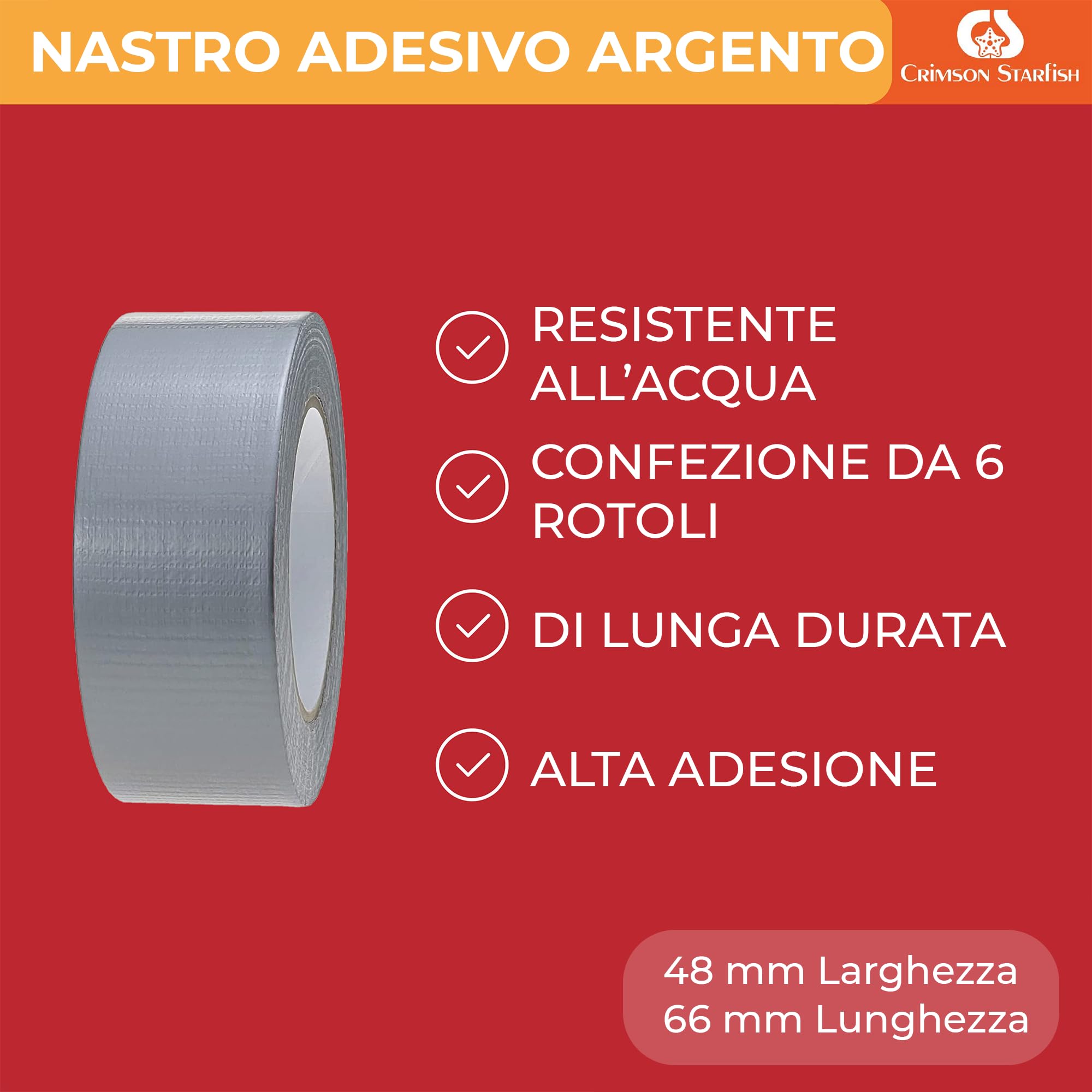 Crimson Starfish Cinta adhesiva plateada,6 rollos de cinta adhesiva Gaffer de 48 mmx45 m, cinta adhesiva multiusos para interiores y exteriores, cinta adhesiva ultra fuerte