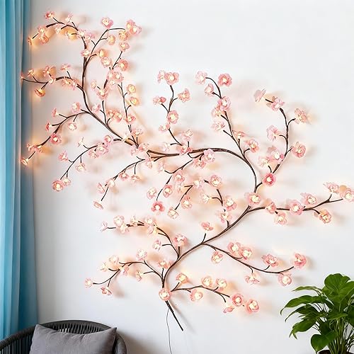 Luci a LED a vite – Vite da parete a LED in rattan, decorazione da parete, in rattan, con telecomando, per decorazione da parete, camera da letto, matrimonio, decorazione per il vino (fiori di - Fiori di ciliegio, 1,8 m