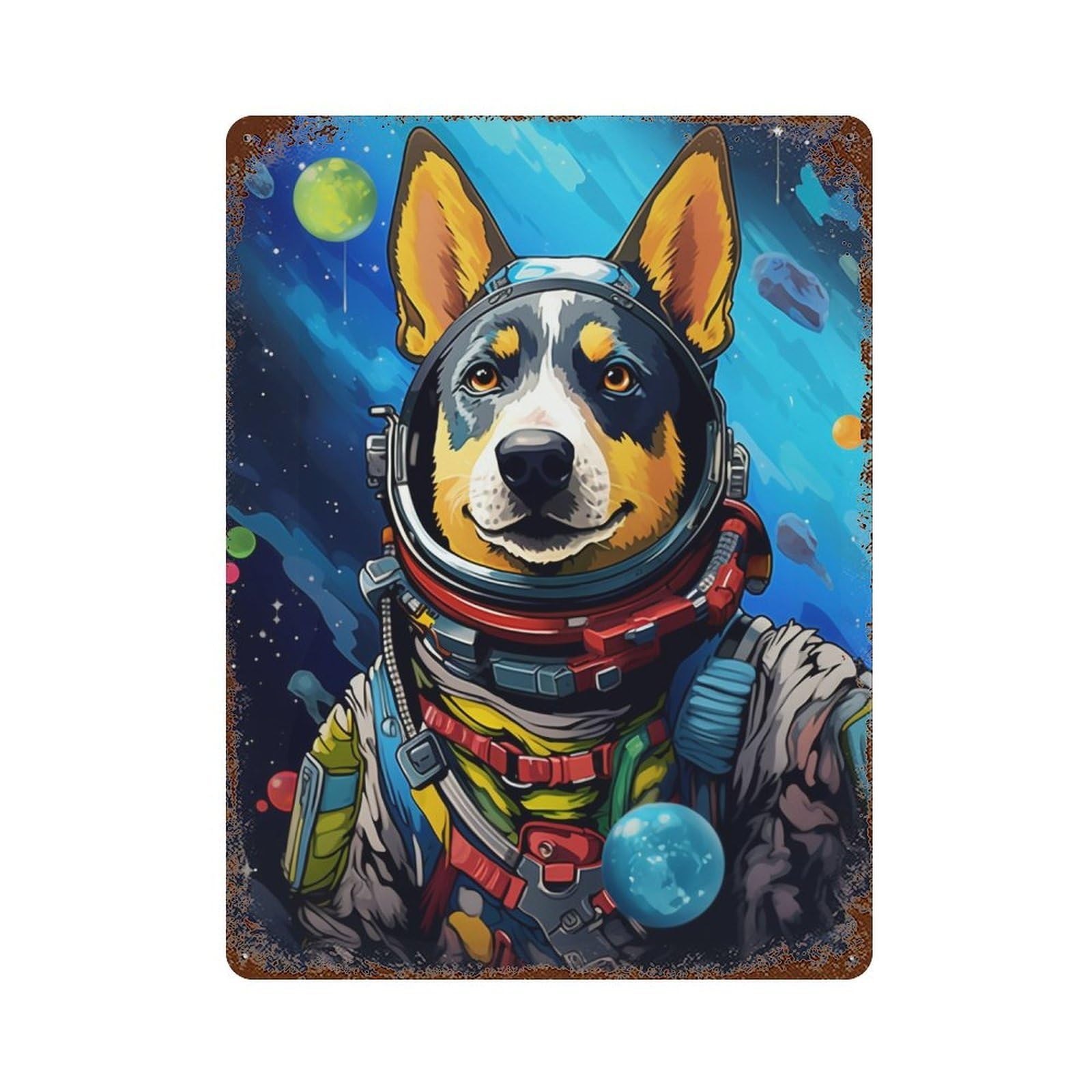 Rust Effect Space Dog Explorer-5 Vintage Metal Tin Sign 15.7"x11.8", Farmhouse Wall Decor for Garage, Bar And Workshop Decor