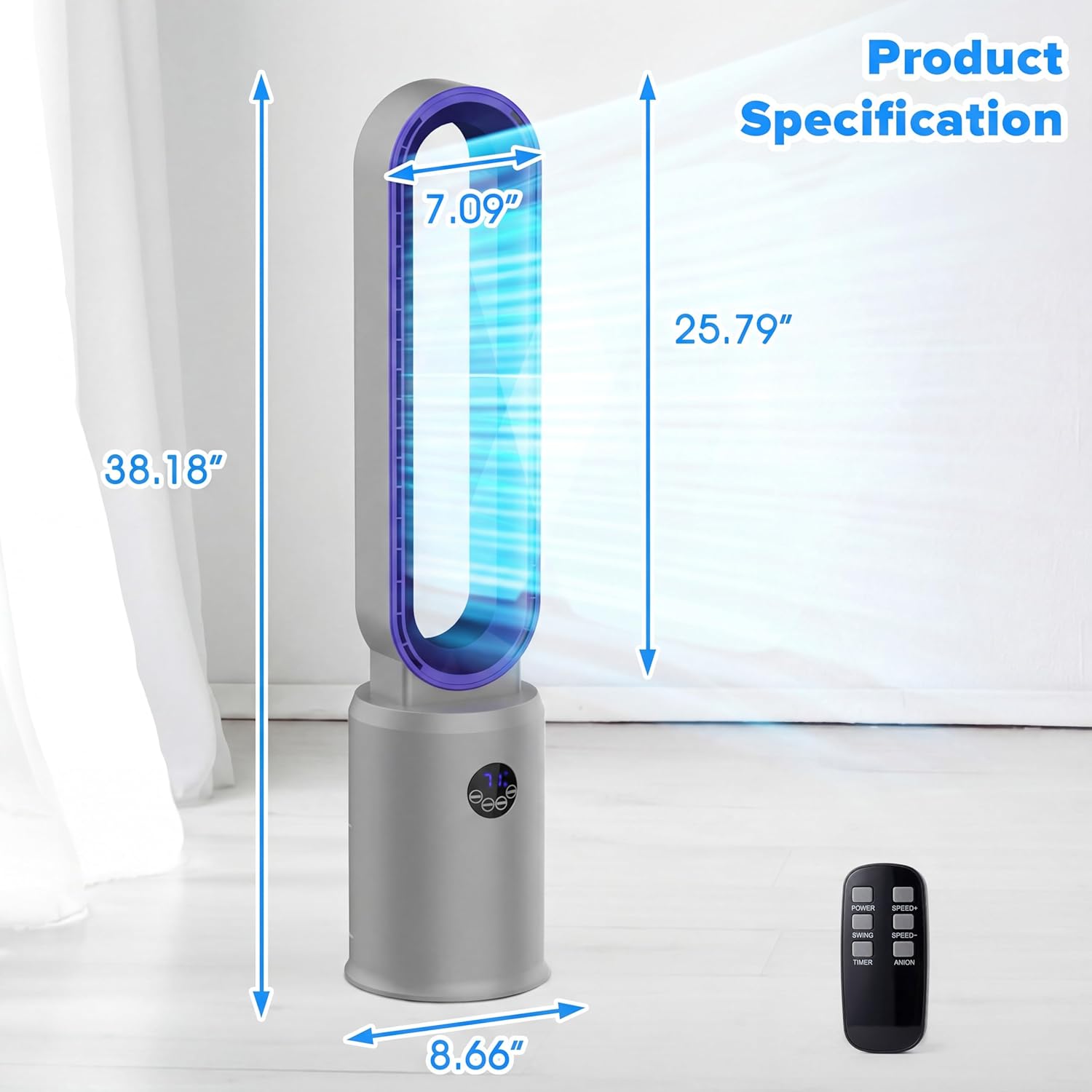 Bladeless Tower Fan with Remote, Air Circulator Cooling Fan for Indoor Use, 24 Speeds Settings, 12 Timer, Quiet Oscillating Fan for Home Bedroom
