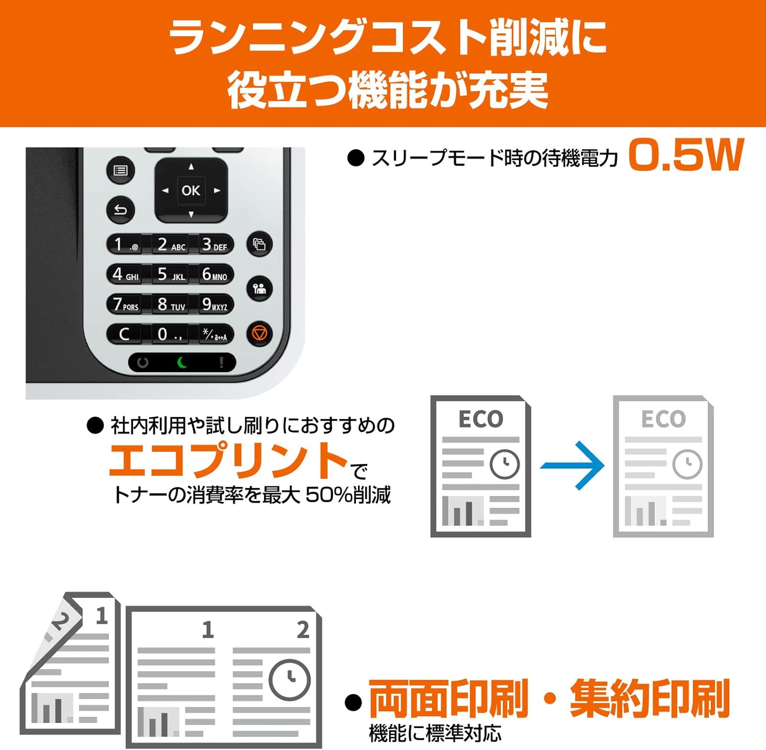 Image showing the printer's control panel, ECO print function reducing toner consumption, and automatic duplex printing capability.