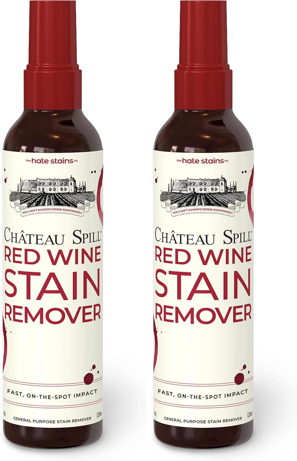 Chateau Spill Red Wine Stain Remover for Clothes – 4oz Safe Stain Remover Spray for Stubborn Stains - Cleaner Wipes Away New and Set on Tablecloth, Garment, Carpet, Upholstery and Laundry (Pack of 2)