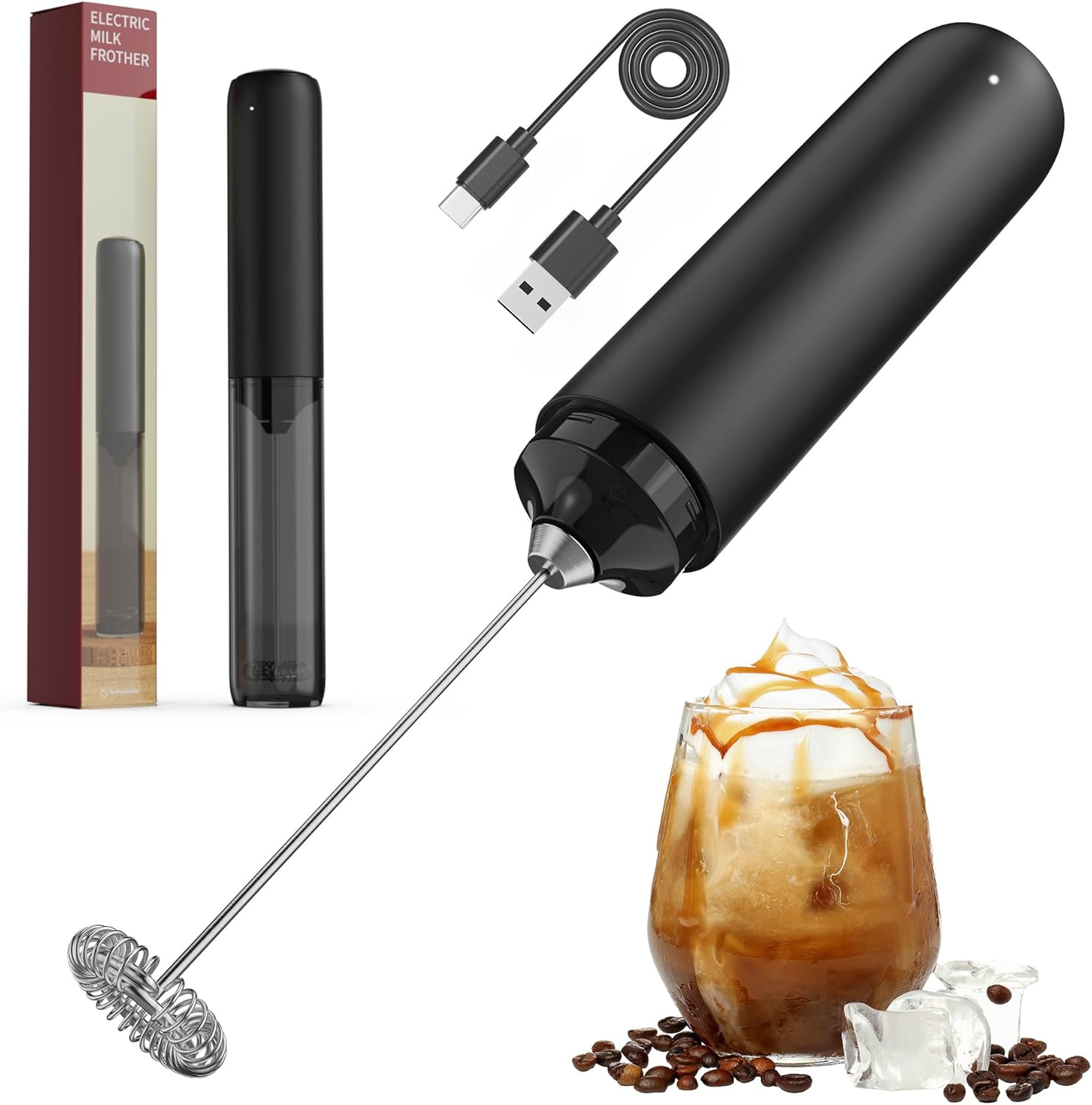 Black Milk Frother Wand, Electric Foam Maker Frother Wand, Hand Mixer for Lattes, Stainless Steel Mixing Head, Detachable for Cleaning, Cappuccino – Kitchen Gift Black Milk Frother Wand, Electric Foam Maker Frother Wand, Hand Mixer for Lattes, Stainless Steel Mixing Head, Detachable for Cleaning, Cappuccino – Kitchen Gift