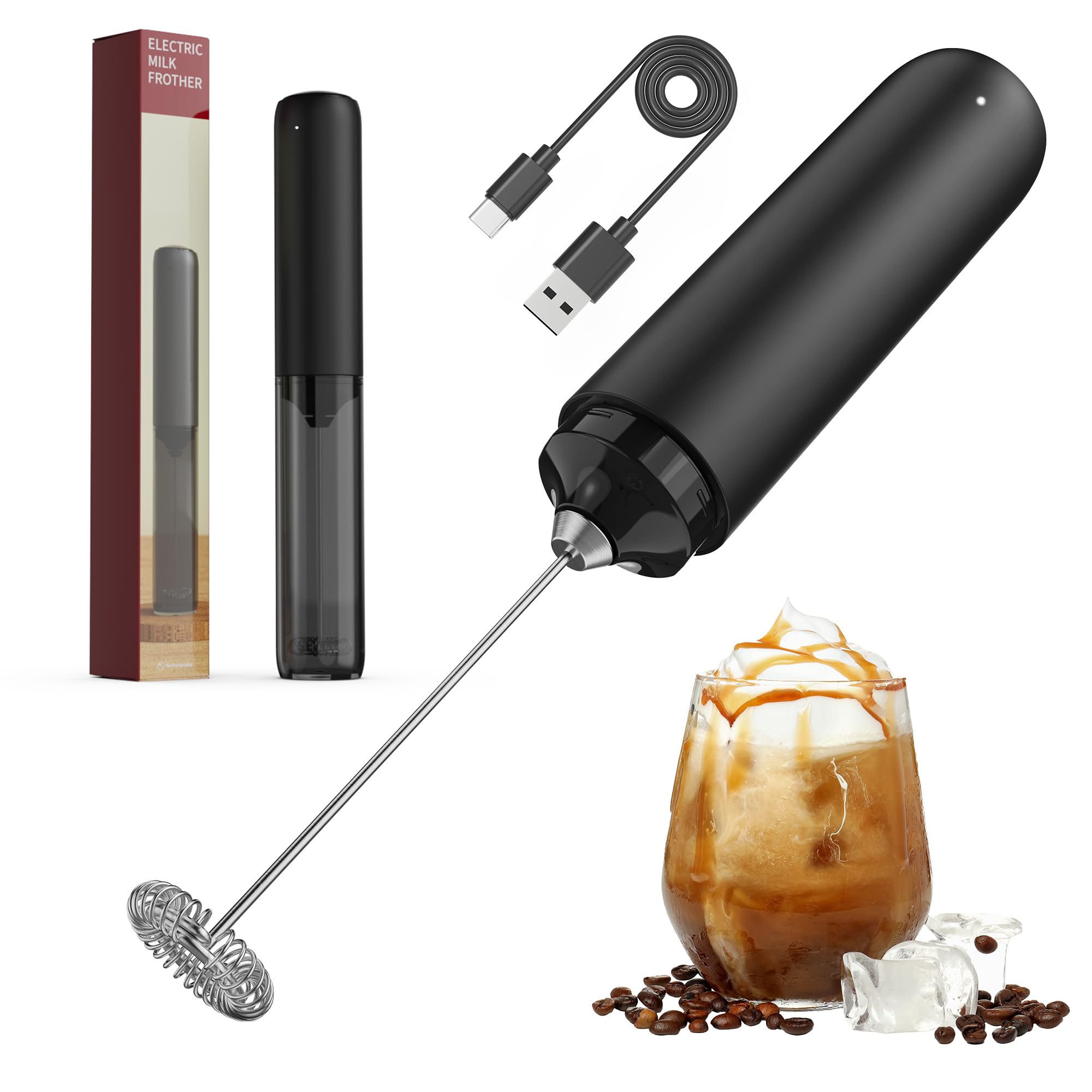 CMICE Black Milk Frother Wand, Electric Foam Maker Frother Wand, Hand Mixer for Lattes, Stainless Steel Mixing Head, Detachable for Cleaning, Cappuccino - Kitchen Gift