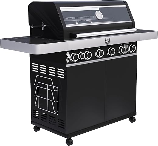 BBQ CHIEF 12.0 Gasgrill – 6 Edelstahl Brenner, 21kW, Seitenbrenner, Gussrost, mit Drehspieß, Deckel, Thermometer, Rollen, LED Knöpfe, Schwarz – Grill, Grillwagen, Grillstation,…