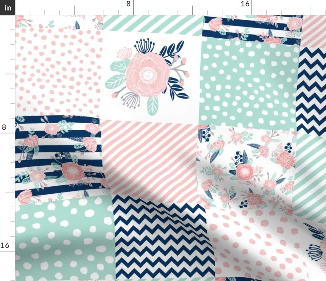 Spoonflower Fabric - Preppy Cheater Quilt Floral Wholecloth Chevron Pink Aqua Mint Topper Printed on Petal Signature Cotton Fabric by The Yard - Sewing Quilting Apparel Crafts Decor