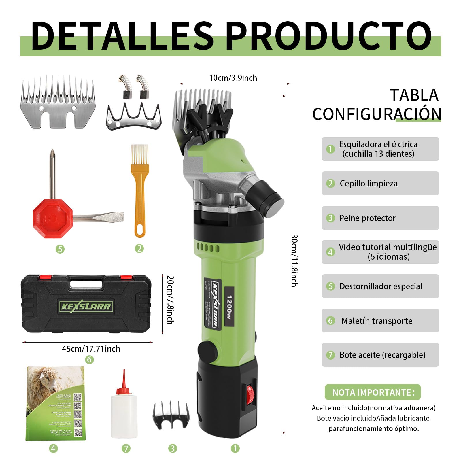 KEXSLARR 1200W Esquiladora Ovejas Profesional, Maquina Esquilar Ovejas 6 Velocidades 3200 RPM, Incluye Manual Español y Kit Completo con Maletín, Cortapelos Eléctrico para Cabras Alpacas (verde) — view 7