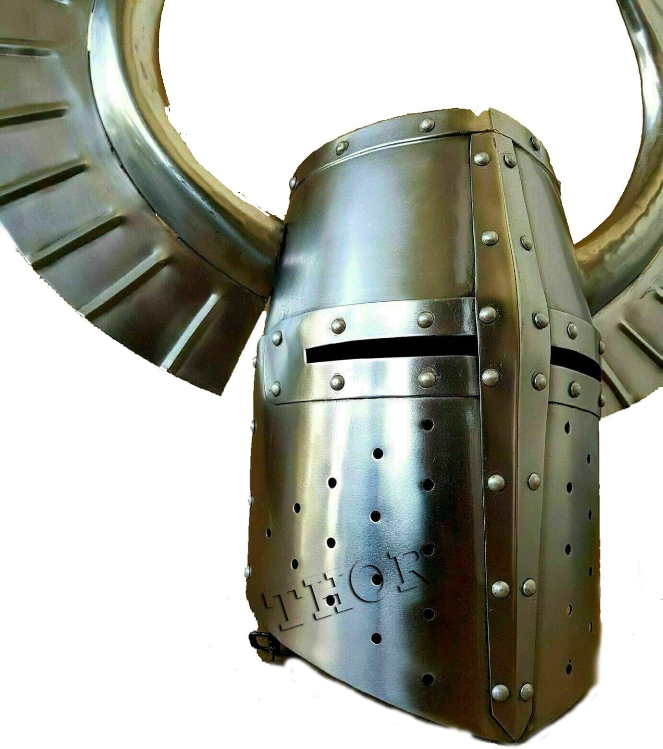 THOR INSTRUMENTS Medieval Great Knight Templar Crusader Horn Helmet, Adult Cosplay, Reenactment, Decoration, Silver, One Size, Knight-Themed, Adults, Male