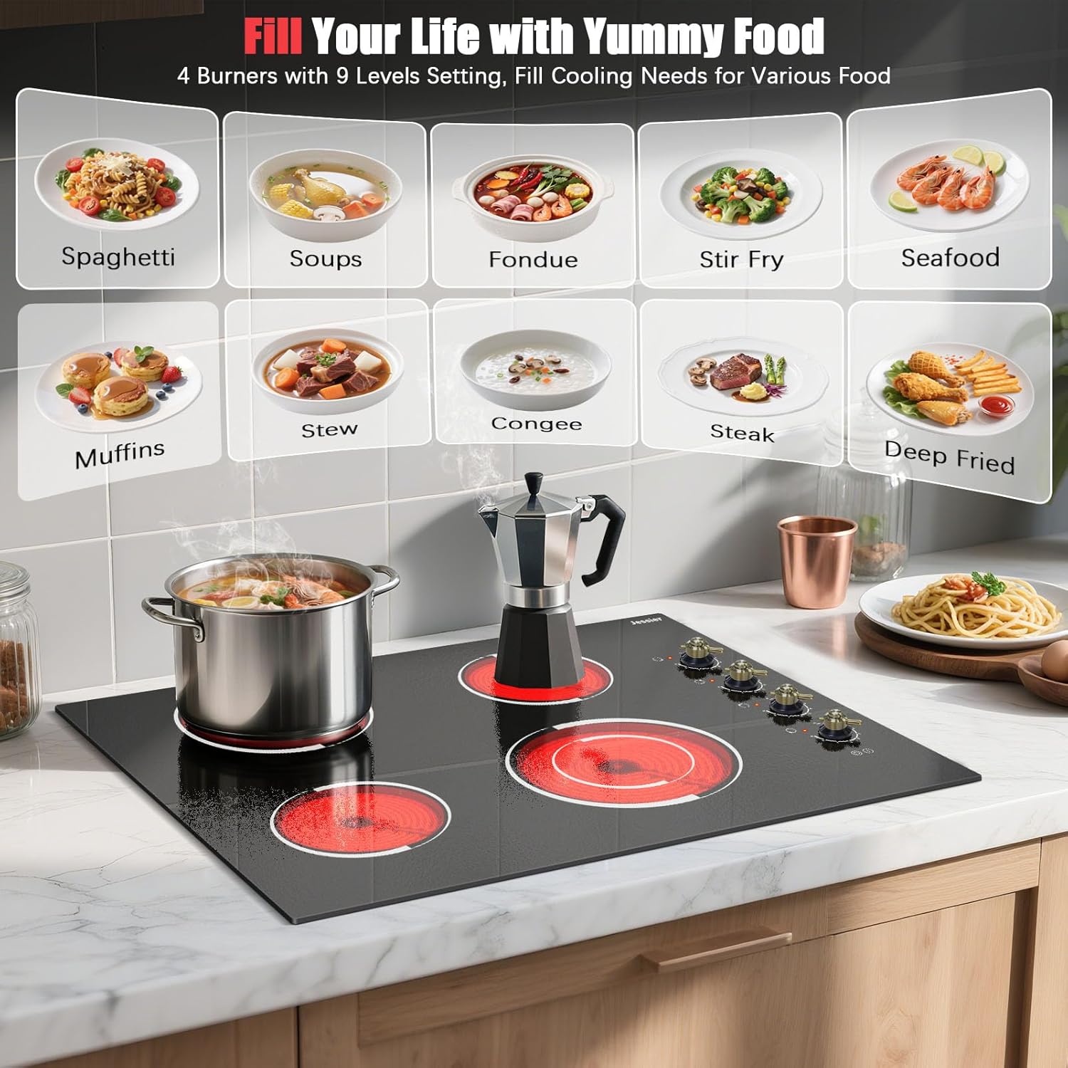 30 Inch Electric Cooktop - 4 Burner Built-in Electric Stove 6700W, 30 Ceramic Stove Top with Knob Control, Dual Ring, 9 Power Heating Levels, 220V - 240V Hard Wired (No Plug)