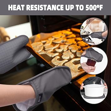 2PCS Silicone Pot Holders, Oven Mitts Heat Resistant Hot Pads with Pockets | Non Slip Oven Mitt for Kitchen Baking and Cooking| 9.8 x 7 Inches | Towel Cloth Interior Lining (Gray Oval)