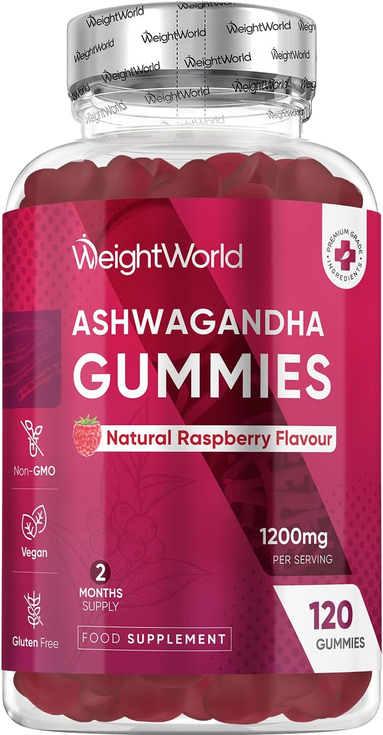 Ashwagandha Gummies 1200mg – 120 Gummies – 2 Months Supply – Tasty Natural Raspberry Flavour – 2 per Day – Ashwagandha Root Extract Supplement – Vegan, Non-GMO, Gluten-Free & Travel-Friendly