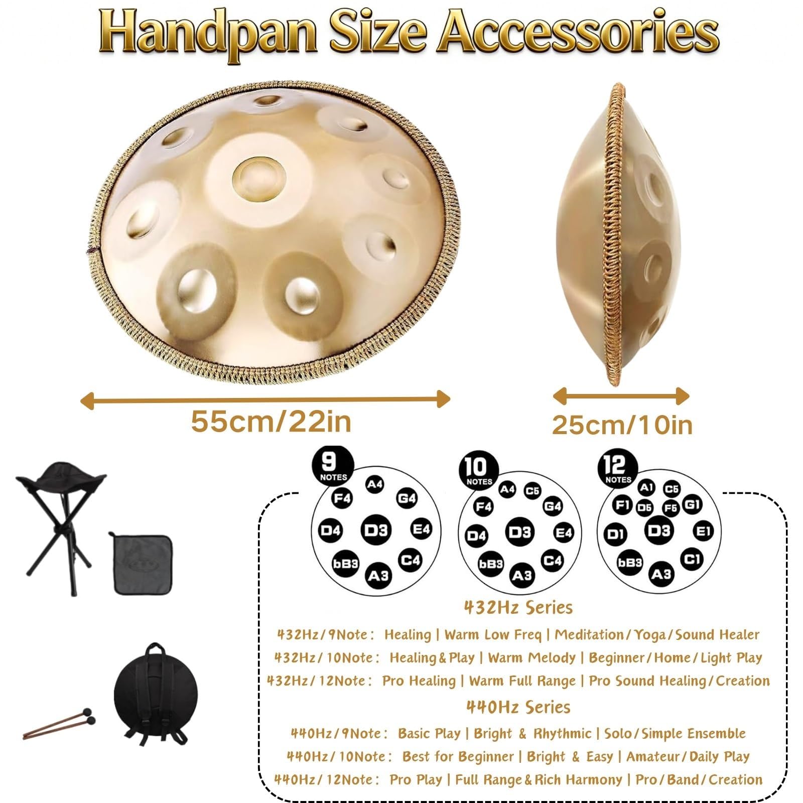 Tambour Handpan, Instrument À Percussion En Acier De Tambour À Main En Ré Mineur 432 Hz / 440 Hz, Harmonic Tambour À Main À 9/10/12 Notes Avec Housse, Pour Enfants Et Adultes(Silver,440HZ/10Note)