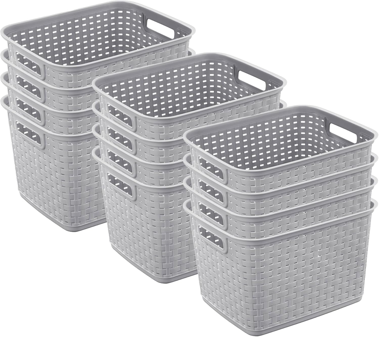 Sterilite 12-Pack Tall Weave Basket, Wicker-Style Plastic Open Storage Bin, Cement Gray – Multi-Purpose Decorative Organizer for Laundry Area, Shelves, Closets, Pantries, Living Rooms or Offices
