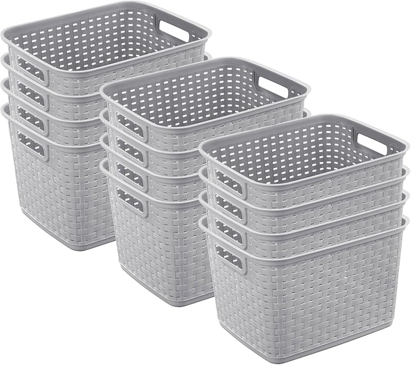 Tall Weave Basket Bin for Clothing and Laundry Storage, 12-Pack | Multi-Purpose and Decorative Organizer for Clothes, Shelves, Closets, Pantries, Living Rooms or Offices
