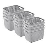 12-Pack Tall Weave Basket, Wicker-Style Plastic Open Storage Bin, Cement Gray - Multi-Purpose Decorative Organizer for Laundry Area, Shelves, Closets, Pantries, Living Rooms or Offices