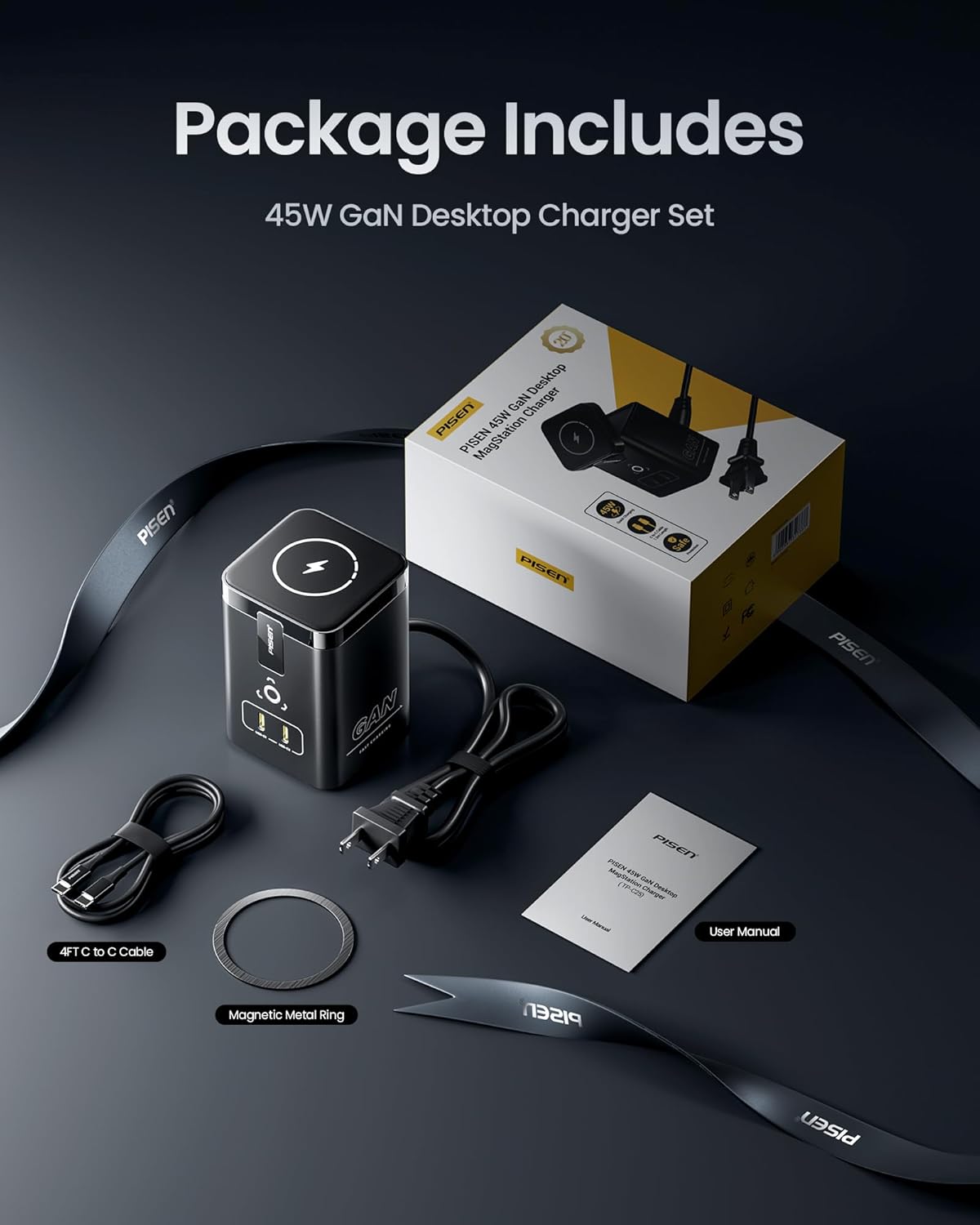 Contents of PISEN 4-in-1 Mag-Safe Wireless Charger package