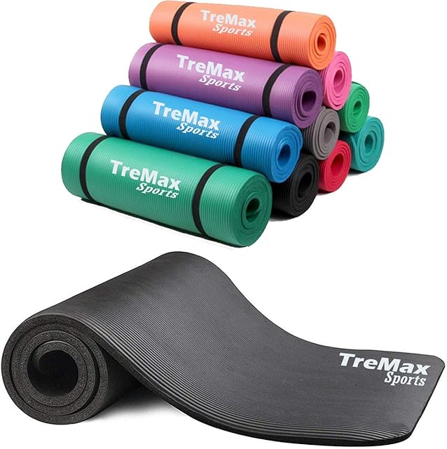 TreMax Yoga Mat NBR 15mm, Non Slip Padded Exercise Mat with Carry Strap for Home Gym Yoga, Pilates, and Gymnastics (Black)