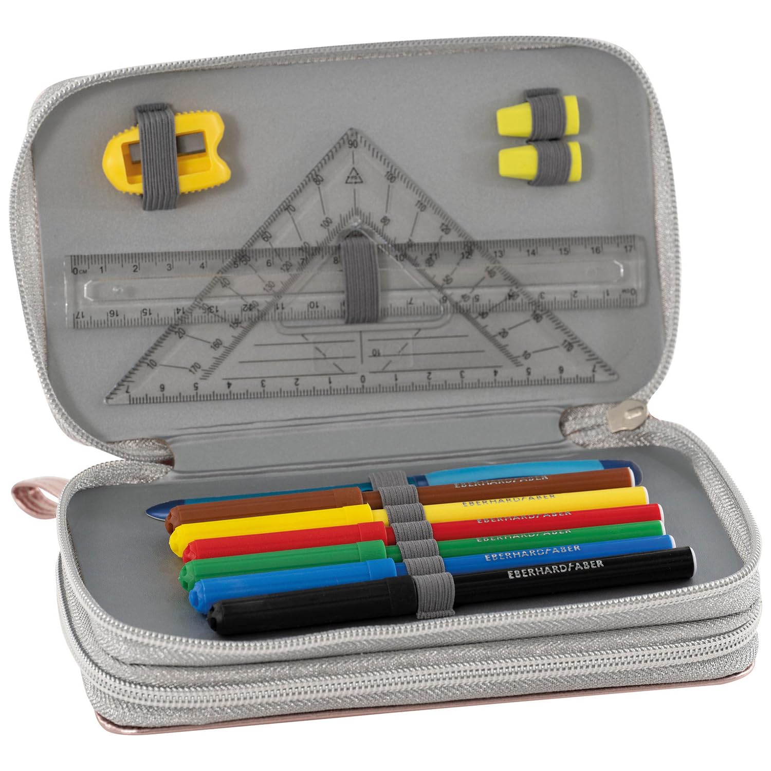 Eberhard Faber 577427 - Double Zip Pencil Case Filled with 24 Writing and Drawing Supplies, Rose Gold - Image 2