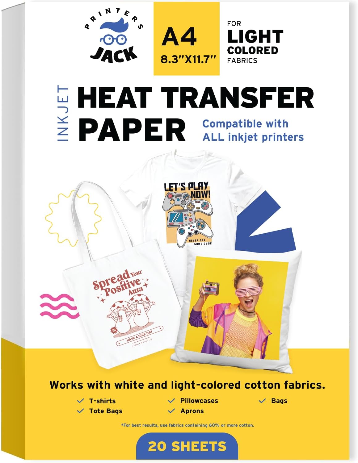 Iron-On Heat Transfer Paper for White and Light Fabric, 20 Pack 8.3x11.7 inch T-Shirt Transfer Paper for Any Inkjet Printer, Long Lasting Printing Transfer Paper for Heat Press
