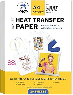 Printers Jack Iron-On Heat Transfer Paper for White and Light Fabric, 20 Pack 8.3x11.7 inch T-Shirt Transfer Paper for Any Inkjet Printer, Long Lasting Printing Transfer Paper for Heat Press