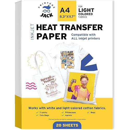 Printers Jack Iron-On Heat Transfer Paper for White and Light Fabric, 20 Pack 8.3x11.7 inch T-Shirt Transfer Paper for Any Inkjet Printer, Long Lasting Printing Transfer Paper for Heat Press - For Light Fabric - 20 Sheets