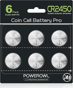POWEROWL High Capacity CR2450 Battery, 10 Years Leak-Free, Long Lasting Power, CR 2450 3v Lithium Coin & Button Cell Batteries -Qty 6