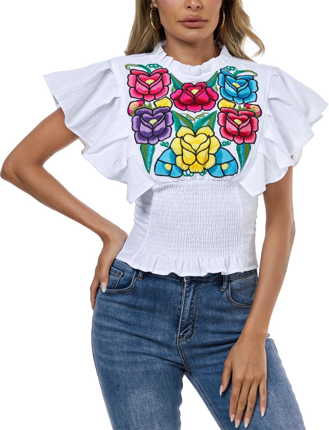 Women's Boho Shirts Floral Embroidered Ruffle Short Sleeve Frill Mock Neck Dressy Casual Summer Peasant Blouses Crop Tops - Image 3