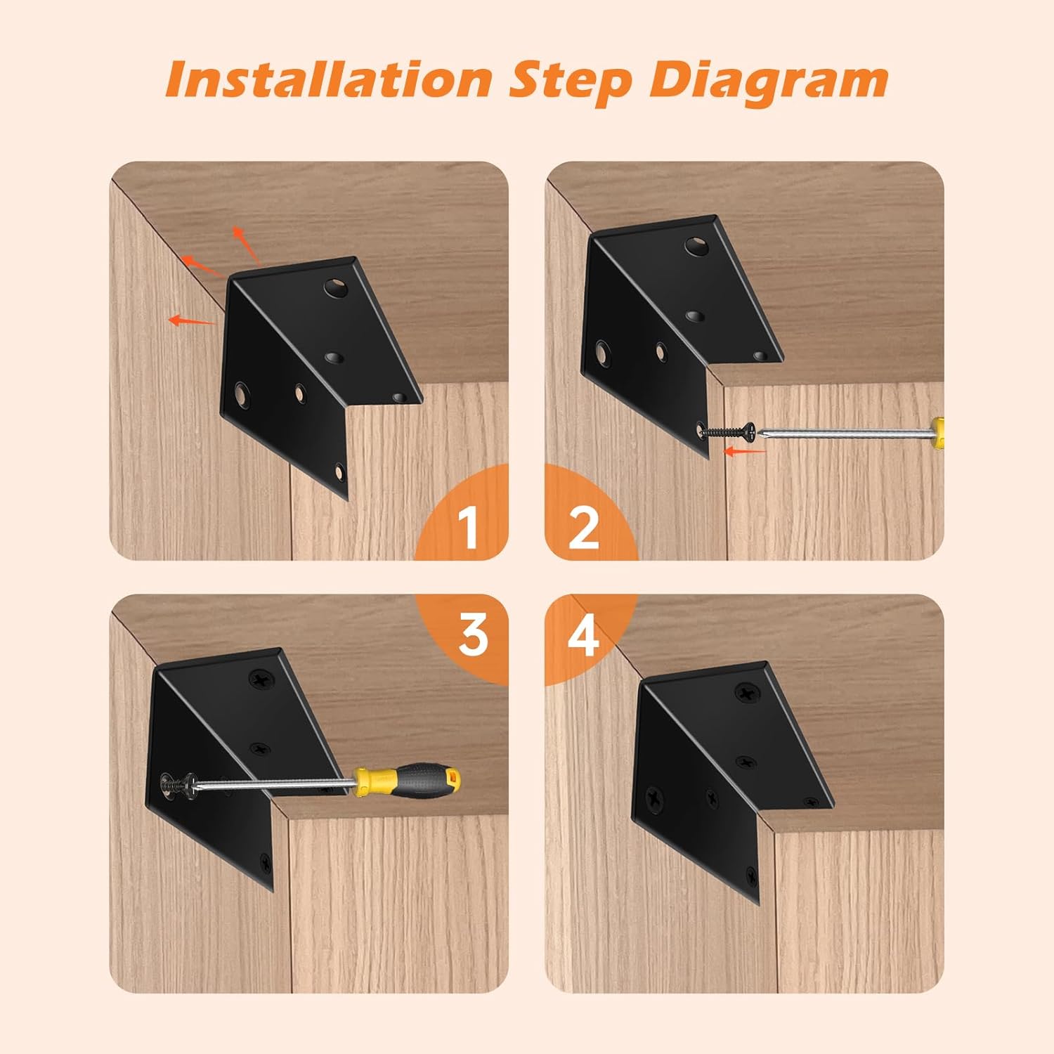 8 Pack Heavy Duty L Brackets 2x2x4in, 90-Degree Corner Brace, Steel Angle Brackets with Screws, for Furniture, Shelves, Cabinets, DIY Projects, Woodworking, and Home Improvement, Black