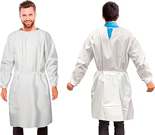 AMZ Medical Supply Disposable Isolation Gown, X-Large. Pack of 10 White Microporous 50 GSM PPE Gowns Disposable. Personal Protective Gown with Elastic Wrists, Thumb Loops, Waist Neck Ties, No Pockets