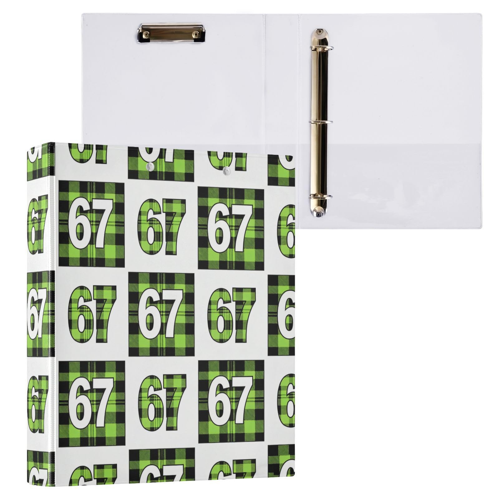 Kcldeci Raccoglitore a 3 anelli con copertina rigida per carta formato lettera, 67 anelli rotondi a quadri neri verdi da 3,8 cm, organizer per scuola/ufficio, confezione da 2