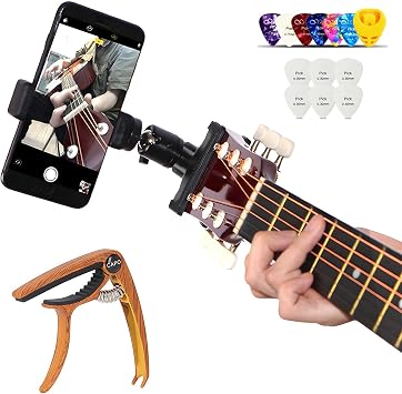 Guitar Accessories Gifts for Men - 1 Bass/Ukulele/Electric Guitar Phone Holder for Live Broadcast Video Recording,1 Guitar Capo With Free Picks