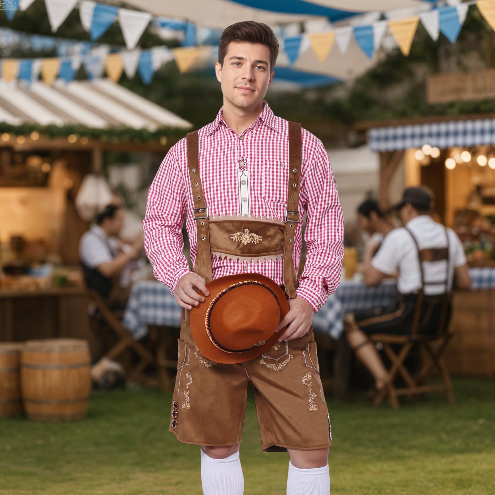 Strój męski na Oktoberfest, bawarski tradycyjny strój męski na Oktoberfest z tradycyjnymi skórzanymi spodniami, kapeluszem i skarpetkami na karnawałową imprezę cosplay (Brązowy, L)
