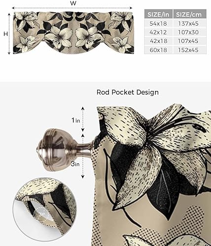 Miniatura 6 de Cortinas de cenefa de flores negras y beige para ventanas, cortinas de cocina, cortinas rústicas retro beige, cortinas botánicas cortas para