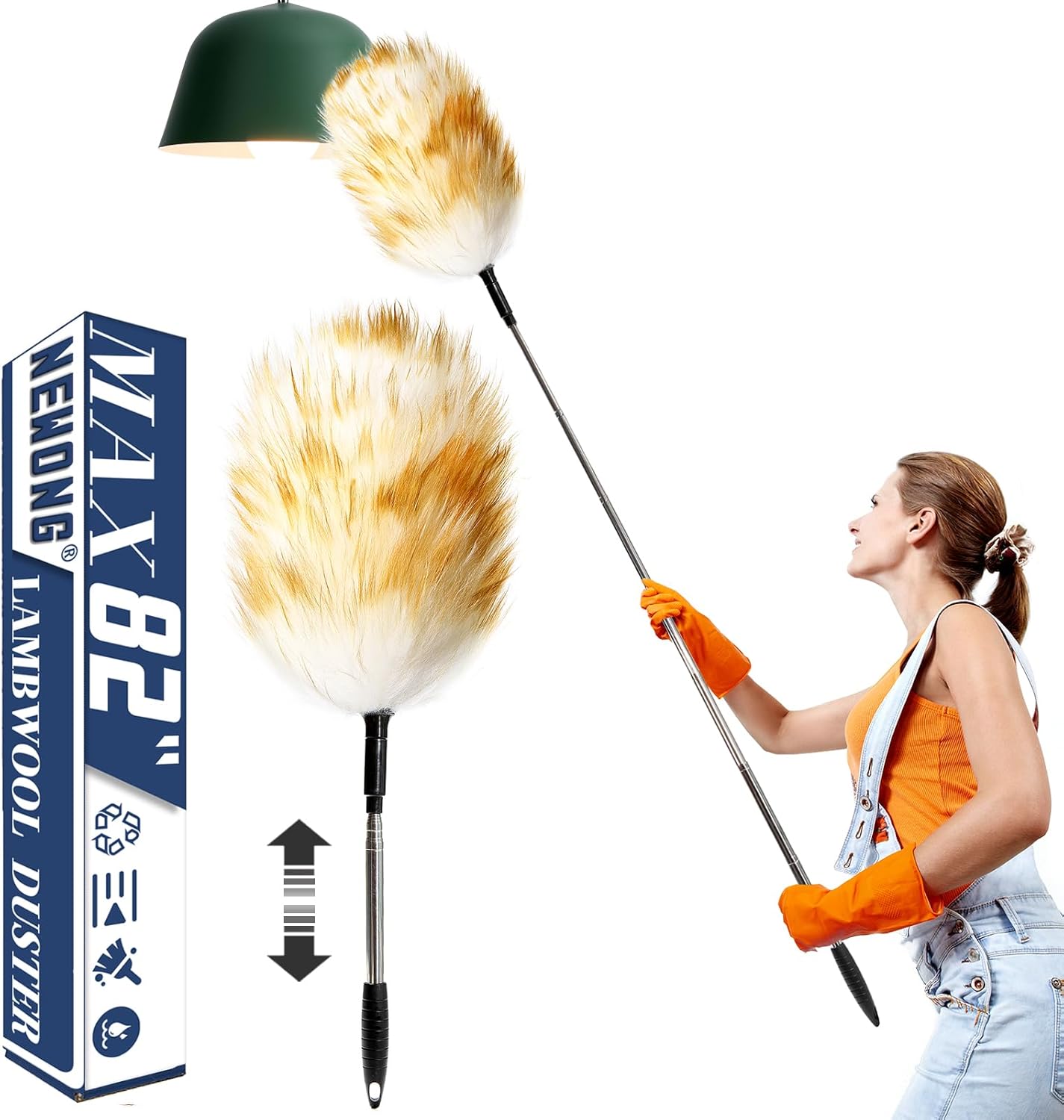 Extendable Lambswool Duster 82inch with Aluminium Alloy Handle, Natural Long Feather Duster for Cleaning Fans, Ceiling, Bookshelevs, for Home&Office