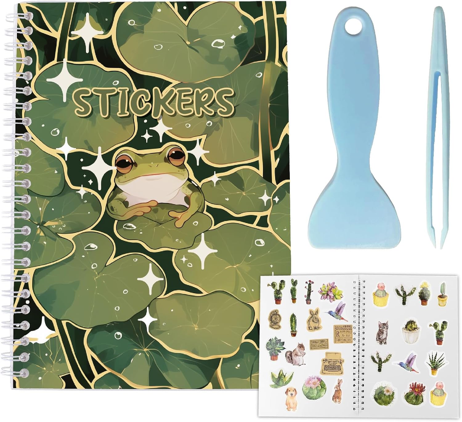 CRASPIRE Reusable Sticker Book Collecting Album for A5 Size 40 Sheets Release Paper Waterproof Blank Sticker Storage Holder Organizer Lotus Leaf Frog Cover with Tweezers and Scraper Labels