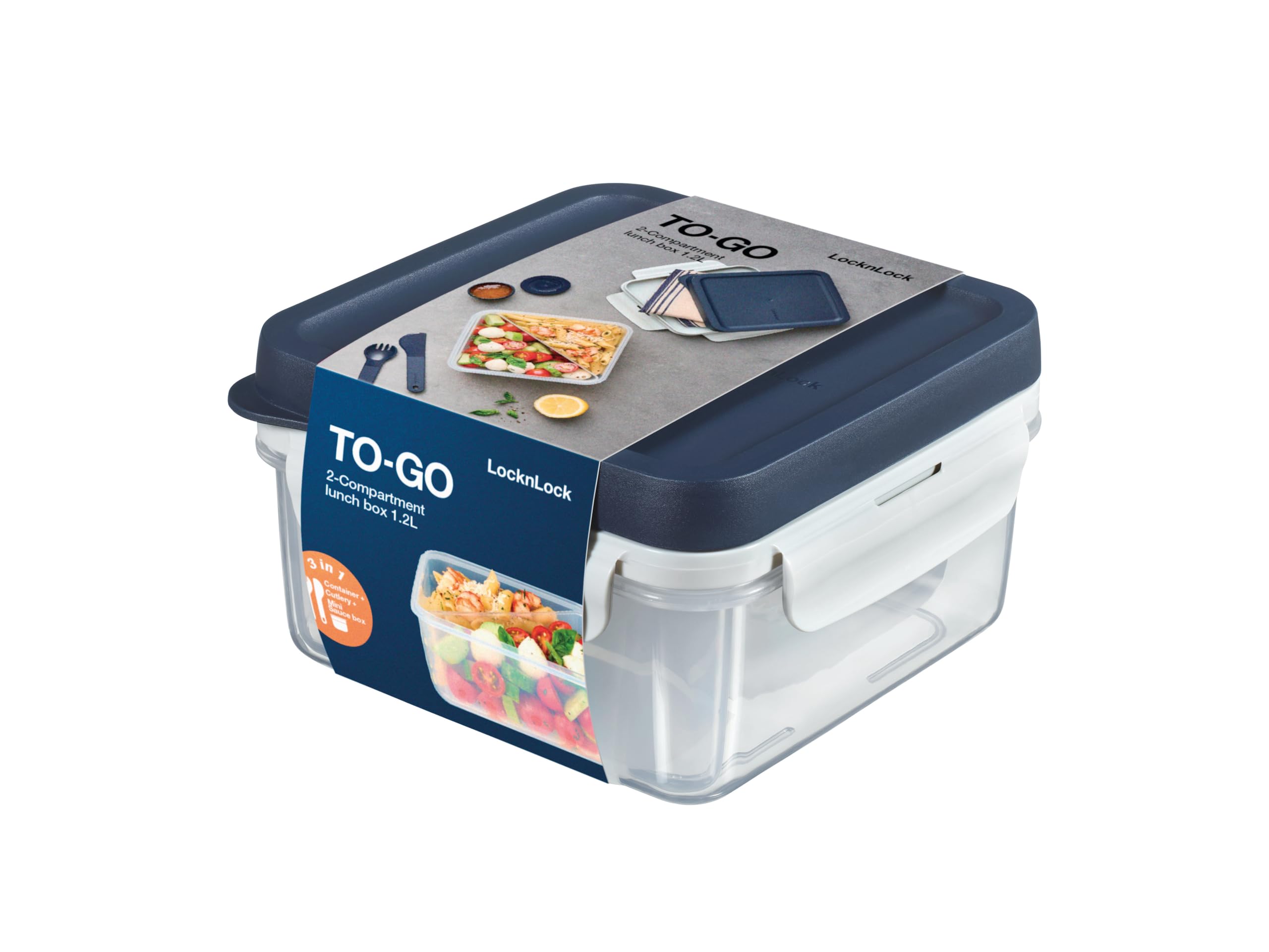 LocknLock To Go Lunch Box with Sandwich Insert, Topping Tray, Cutlery & Sauce Cup, 1.2 L, 100% Airtight and Waterproof Storage Container, Dishwasher and Microwave Safe, BPA-Free