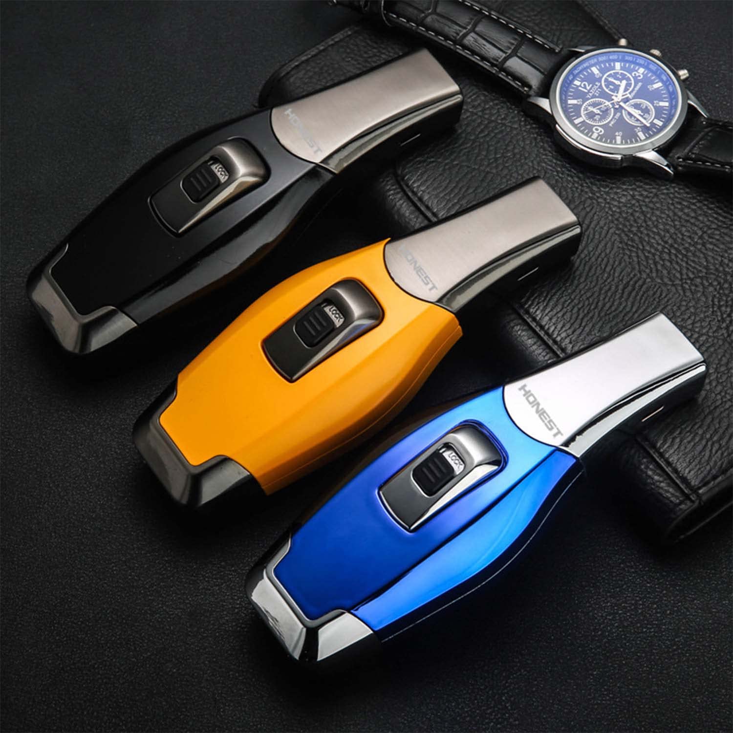 Briquet Torche Flamme à Double Jet Conception de Verrouillage de Sécurité avec Fenêtre Visible Portable Coupe-Vent Extérieur Bougie Briquet pour Barbecue de Camping (gaz Non Inclus)