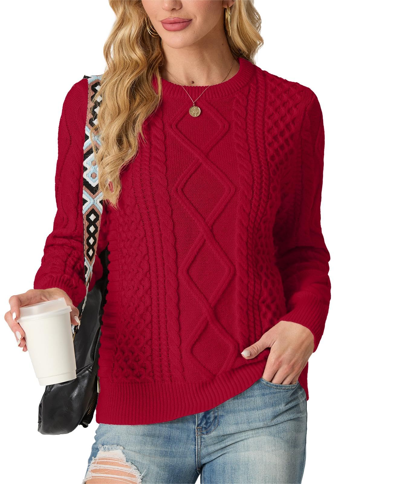 GRECERELLE Womens 2025 Fall Winter Fashion Sweater Crewneck Long Sleeve Cable Knit Chunky Vintage Casual Pullover Tops